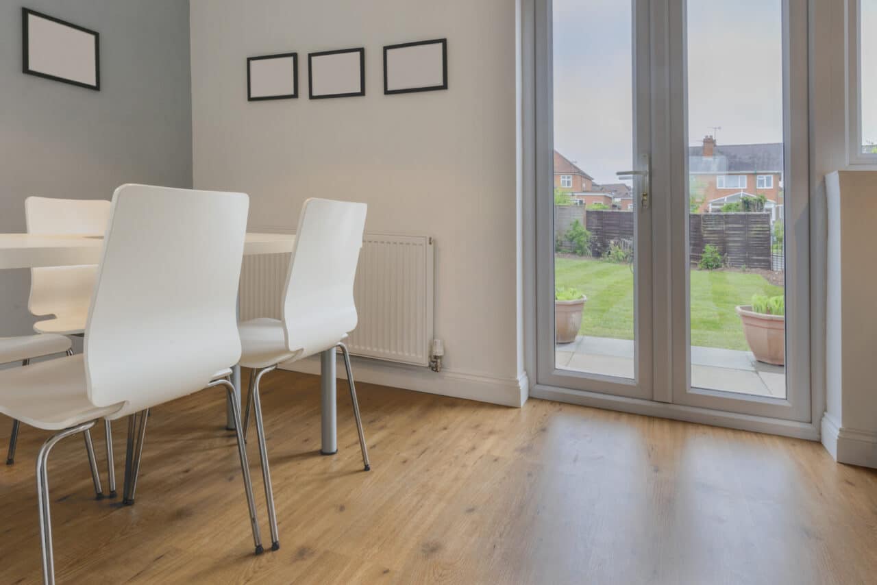 brown kitchen white patio door