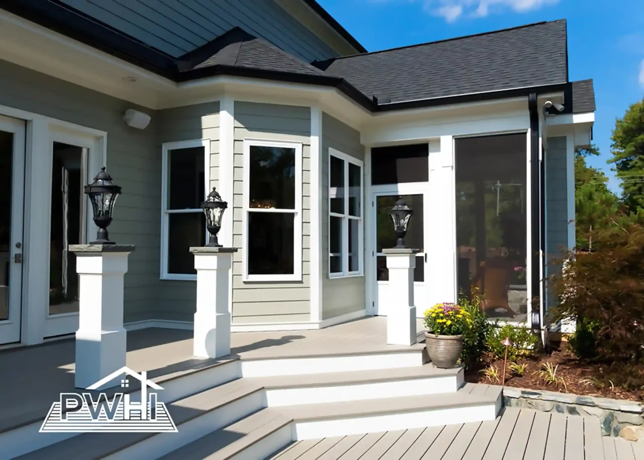 View of back deck and screened porch with deck post caps lighting