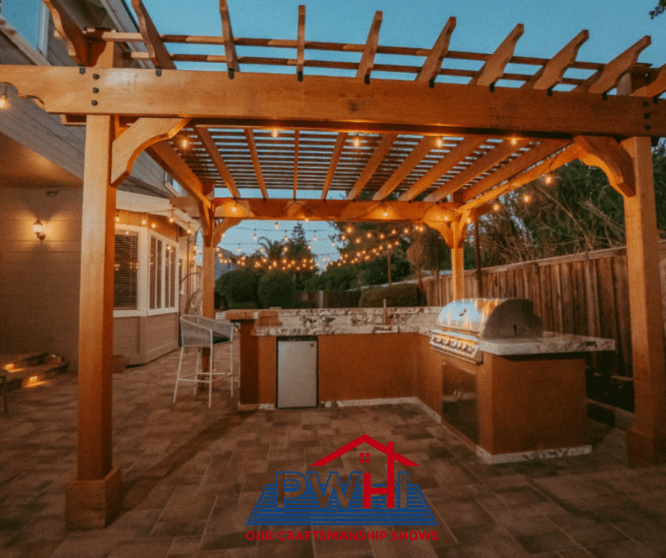 Custom Wooden pergola building in a patio with outdoor kitchen