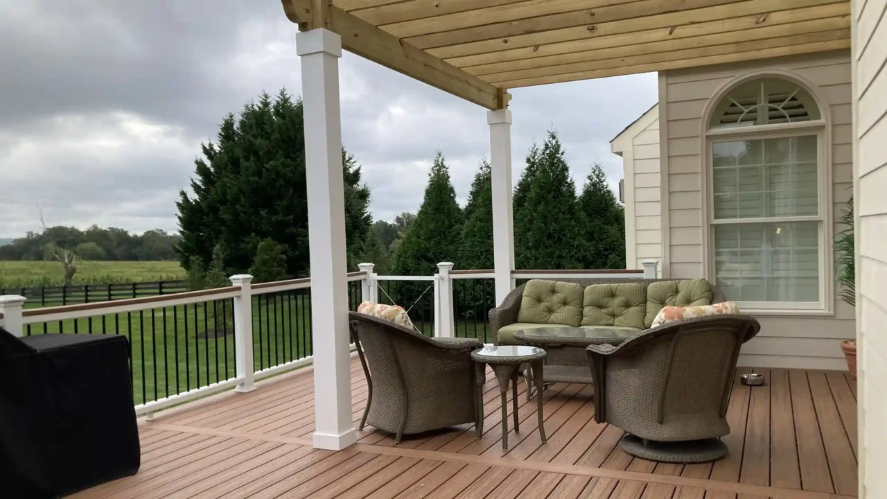 Covered patio with a white railing, elevated above the ground, featuring a roof, outdoor furniture, and a paved area in front of a home with greenery in the background.