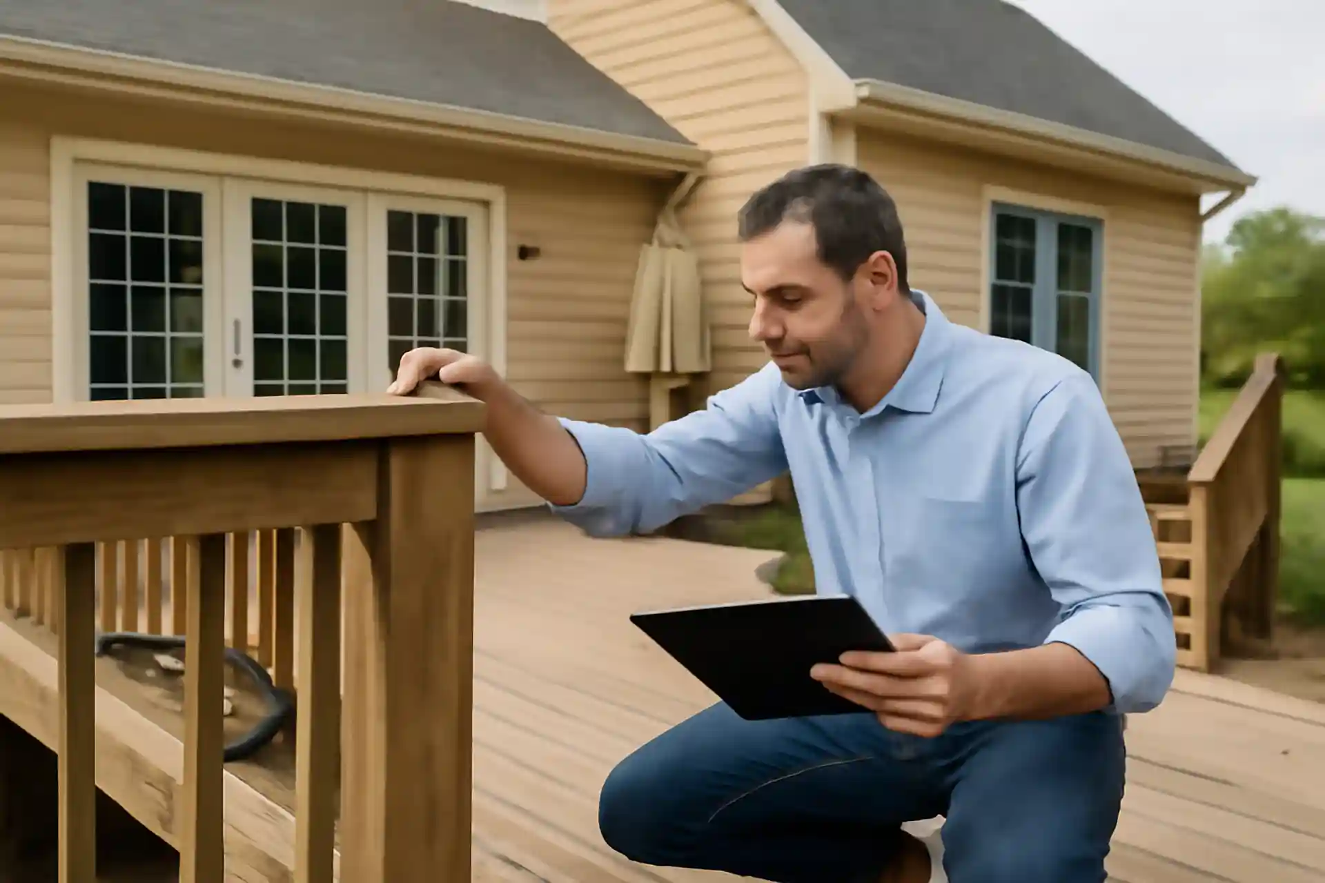 A person conducting a thorough deck inspection, checking for structural integrity and safety.
