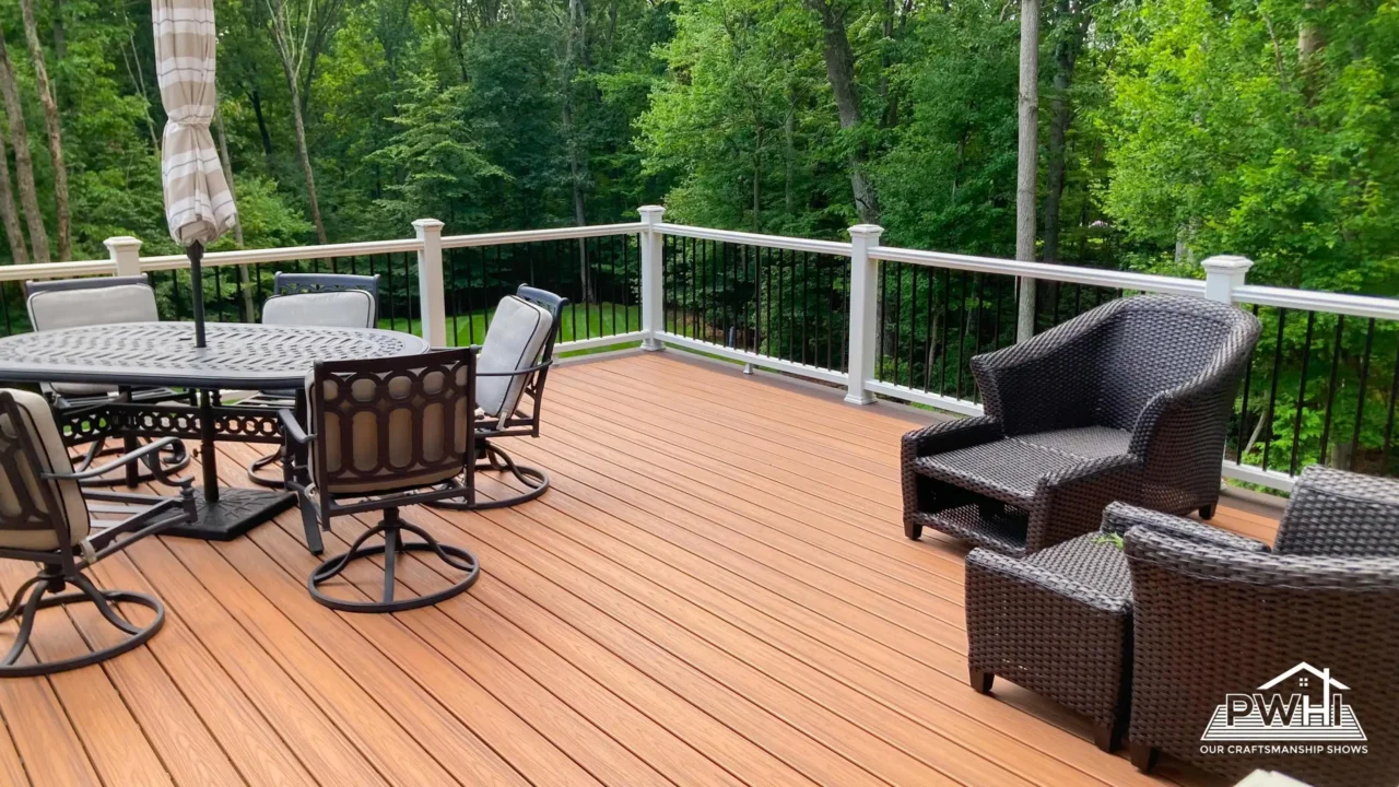 A composite deck with a dining table and chairs, surrounded by comfortable seating and a black railing.