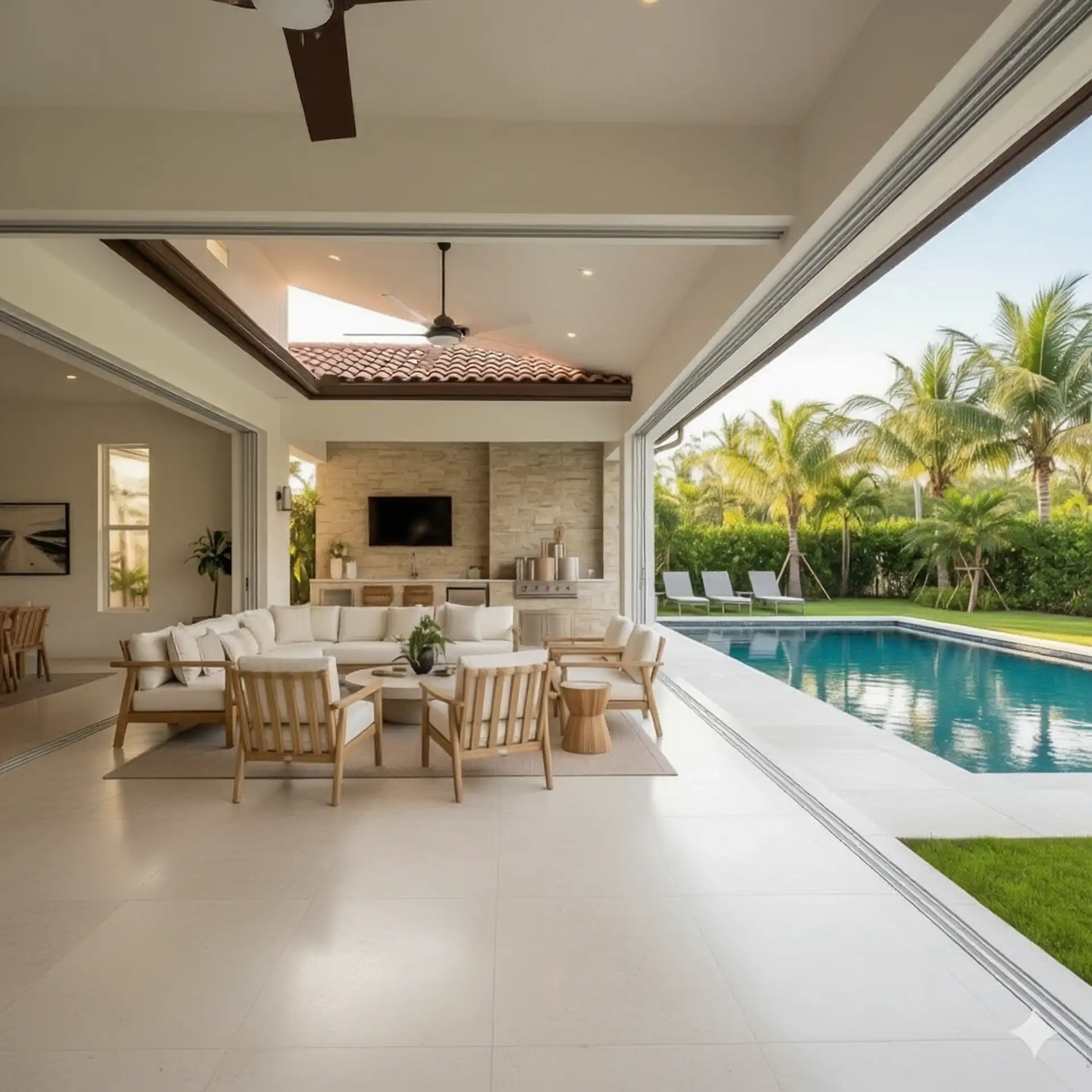Lanai vs Porch An integrated lanai space featuring an open-sided covered patio connected to an outdoor pool area. The lanai features a large sectional sofa and several wooden armchairs with white cushions, arranged on a light-colored rug, all set against large cream-colored tiles that extend from the lanai to the pool deck.