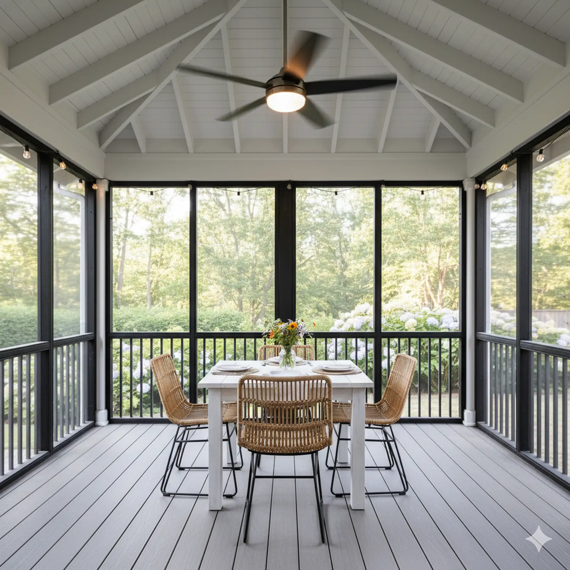 A screened porch with a white dining table and four wicker chairs. A vase of flowers sits on the table, which is set with plates and glasses. A ceiling fan is in motion overhead, and string lights are visible along the perimeter of the porch.