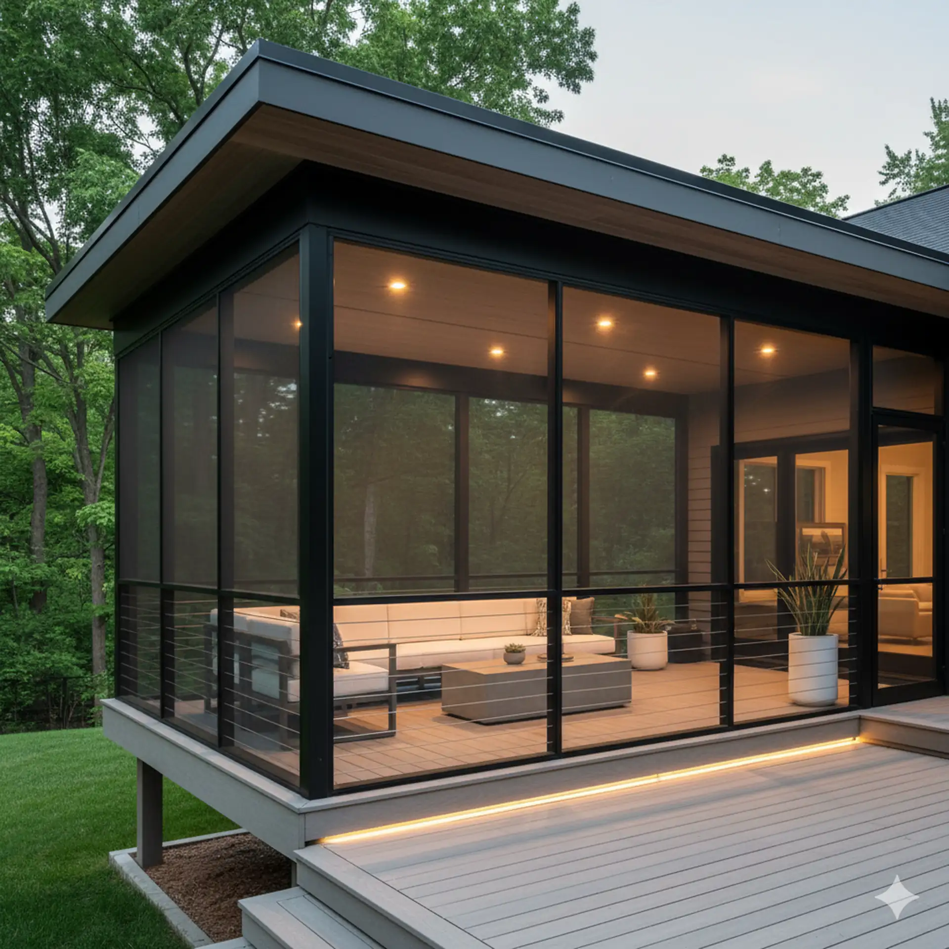 An outdoor screened porch with modern design elements. The porch features large black-framed screens, recessed lighting in the ceiling, and a light-colored outdoor seating arrangement consisting of a sofa, chairs, and a coffee table.