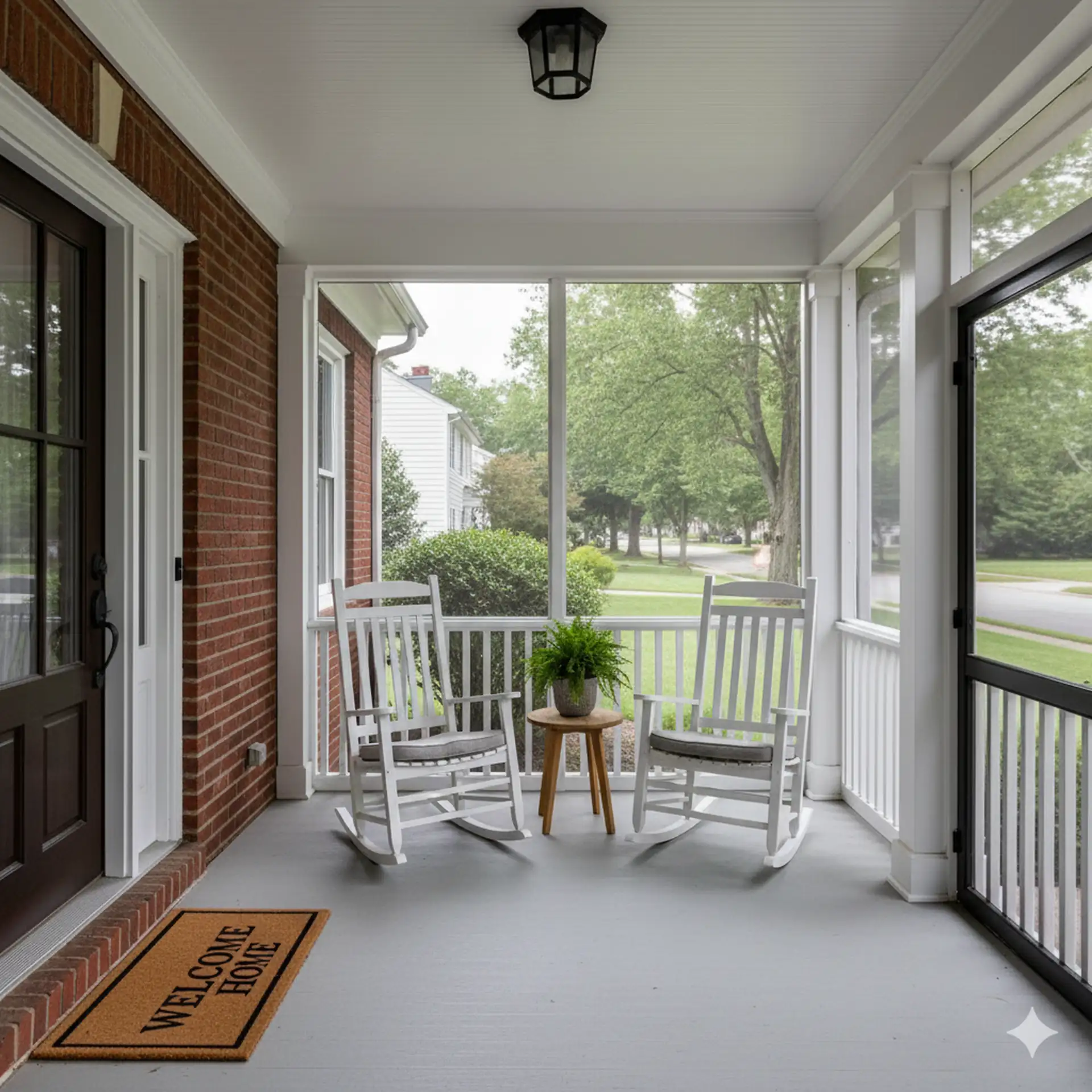 A front porch of a house with a "WELCOME HOME" doormat. The porch has two white rocking chairs with grey cushions, a small wooden table, and a potted fern. The house has a brick exterior, and the porch is screened in, offering a view of a street and trees.