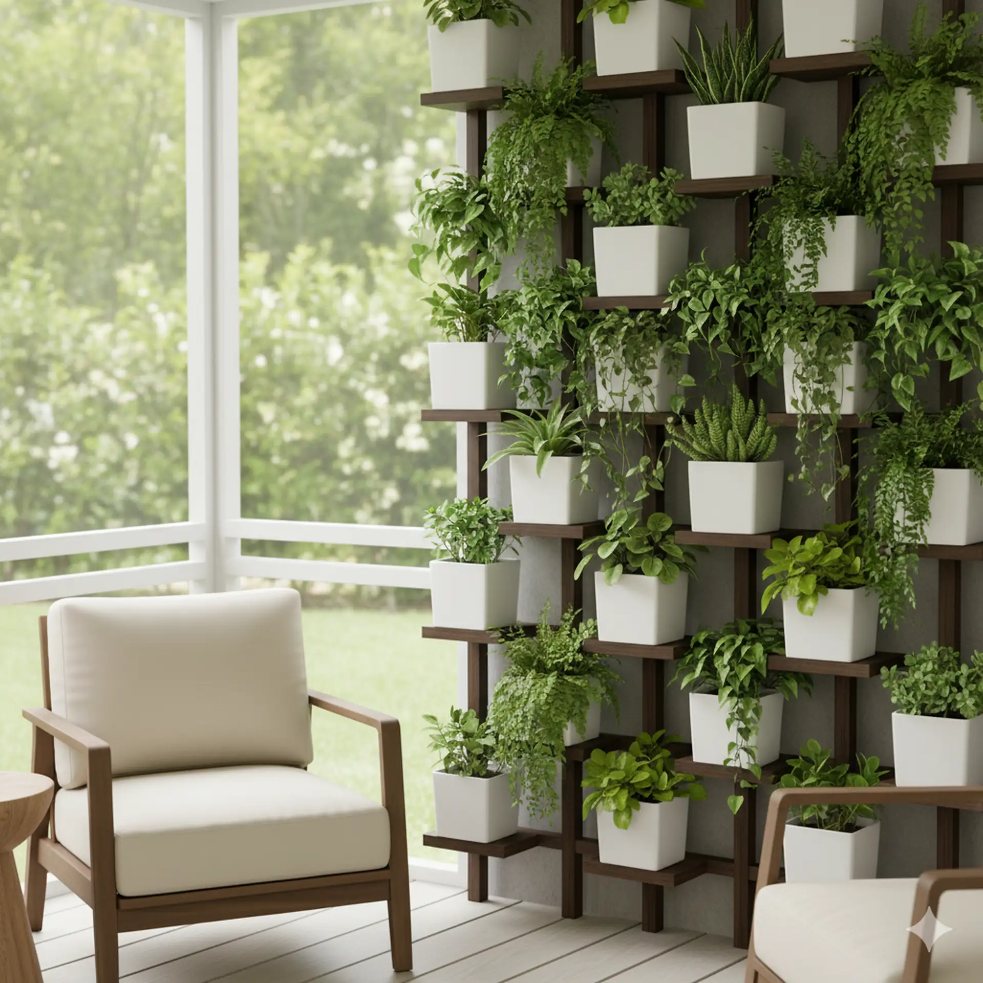 A bright, airy screened porch featuring a large vertical garden on the right wall. This garden is made up of multiple shelves holding numerous white square planters filled with various green plants and trailing vines. To the left, there's an armchair with light-colored cushions and a wooden frame, situated on a light-colored wooden floor.