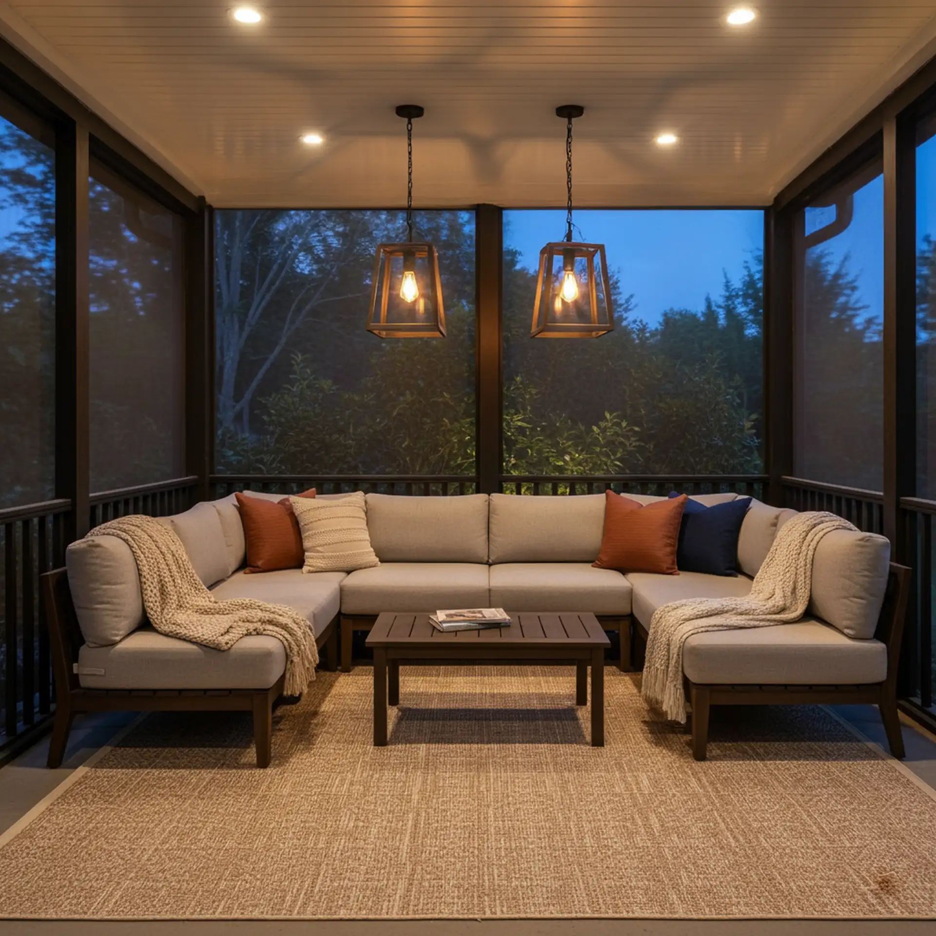 A spacious screened porch at dusk features a comfortable U-shaped sectional sofa with light-colored cushions and throw pillows, two cozy knit blankets draped over the arms, and a rectangular slatted coffee table in the center, all resting on a textured area rug.