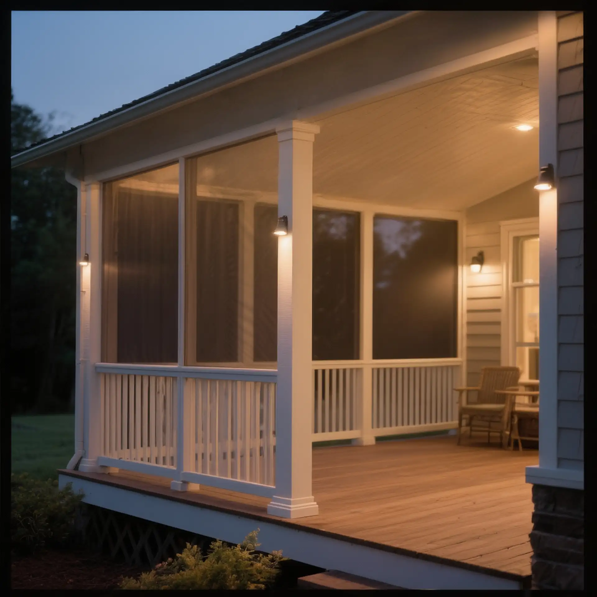 A well-lit screened porch at dusk. The porch features a wooden floor, white railings, and white support columns. Several wall-mounted light fixtures illuminate the space, and through the screens, trees and the evening sky are visible.