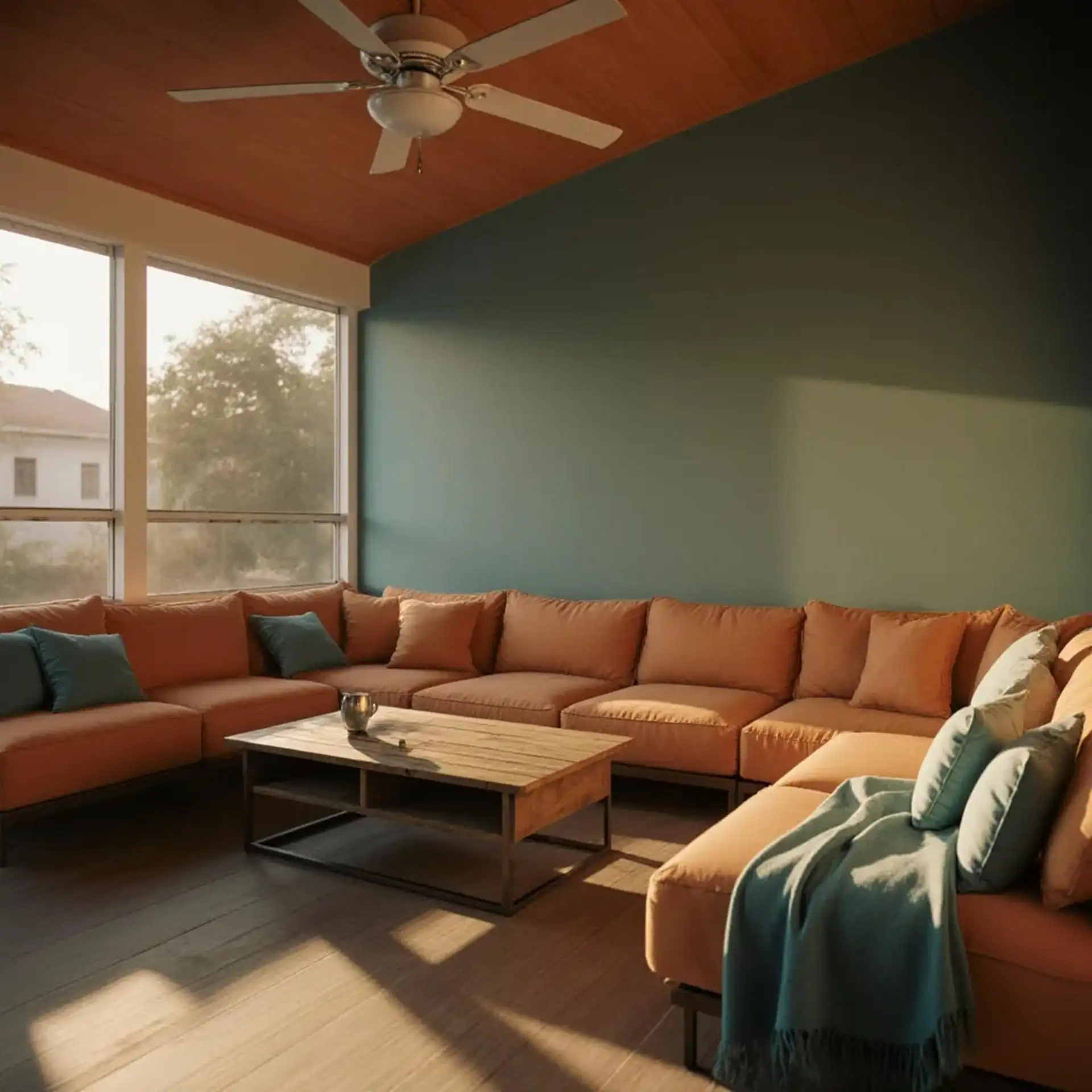 Screened-in porch lounge area with large orange sectional sofa, wood coffee table, ceiling fan, and teal accent wall.