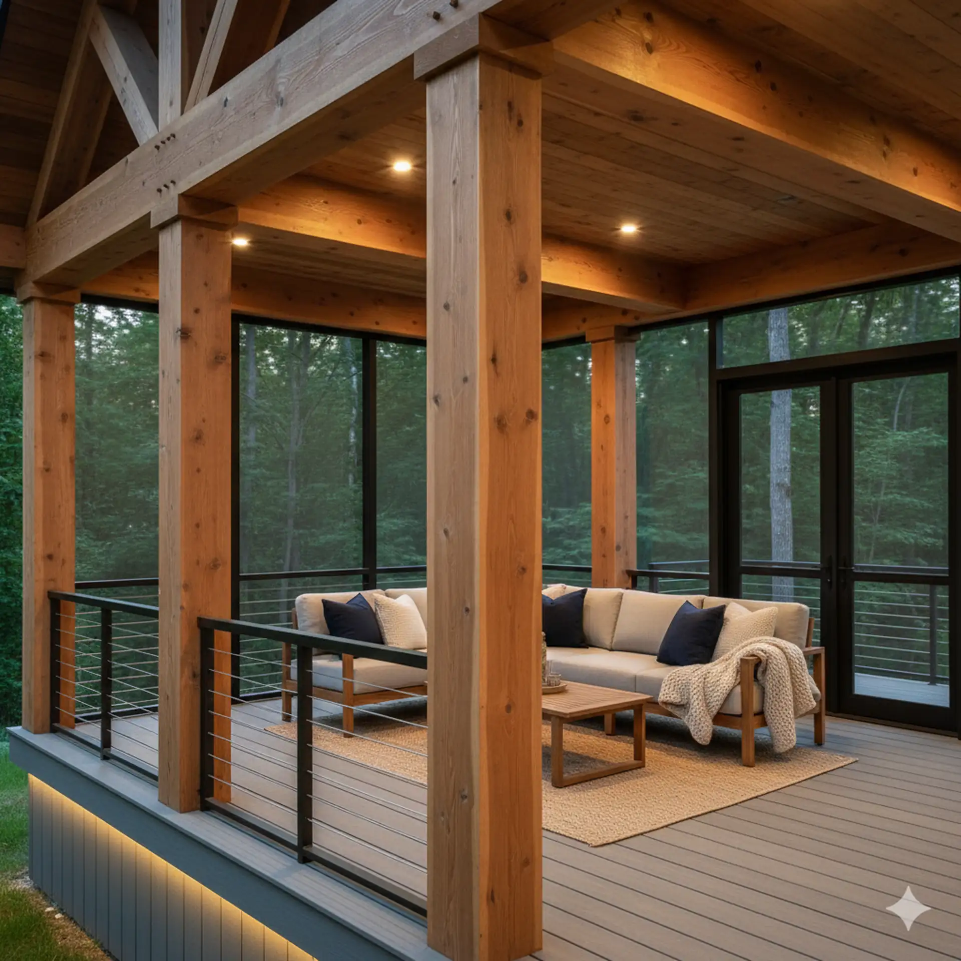 The porch features a U-shaped sectional sofa with light-colored cushions and dark throw pillows, a wooden coffee table, and a textured area rug. Two knit blankets are draped over the sofa. The porch has exposed wooden beams and columns, and is lit by recessed ceiling lights and two pendant lights.
