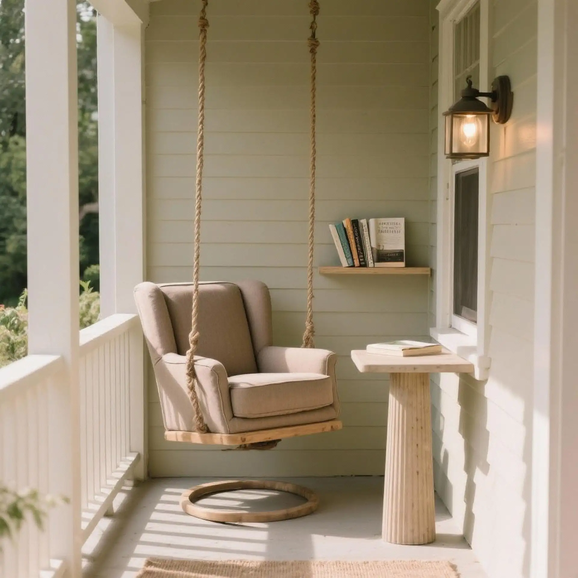 A cozy porch area features a swing chair, a small table, and a wall-mounted bookshelf filled with books. A wall light illuminates the space, which has light green siding and white railings.