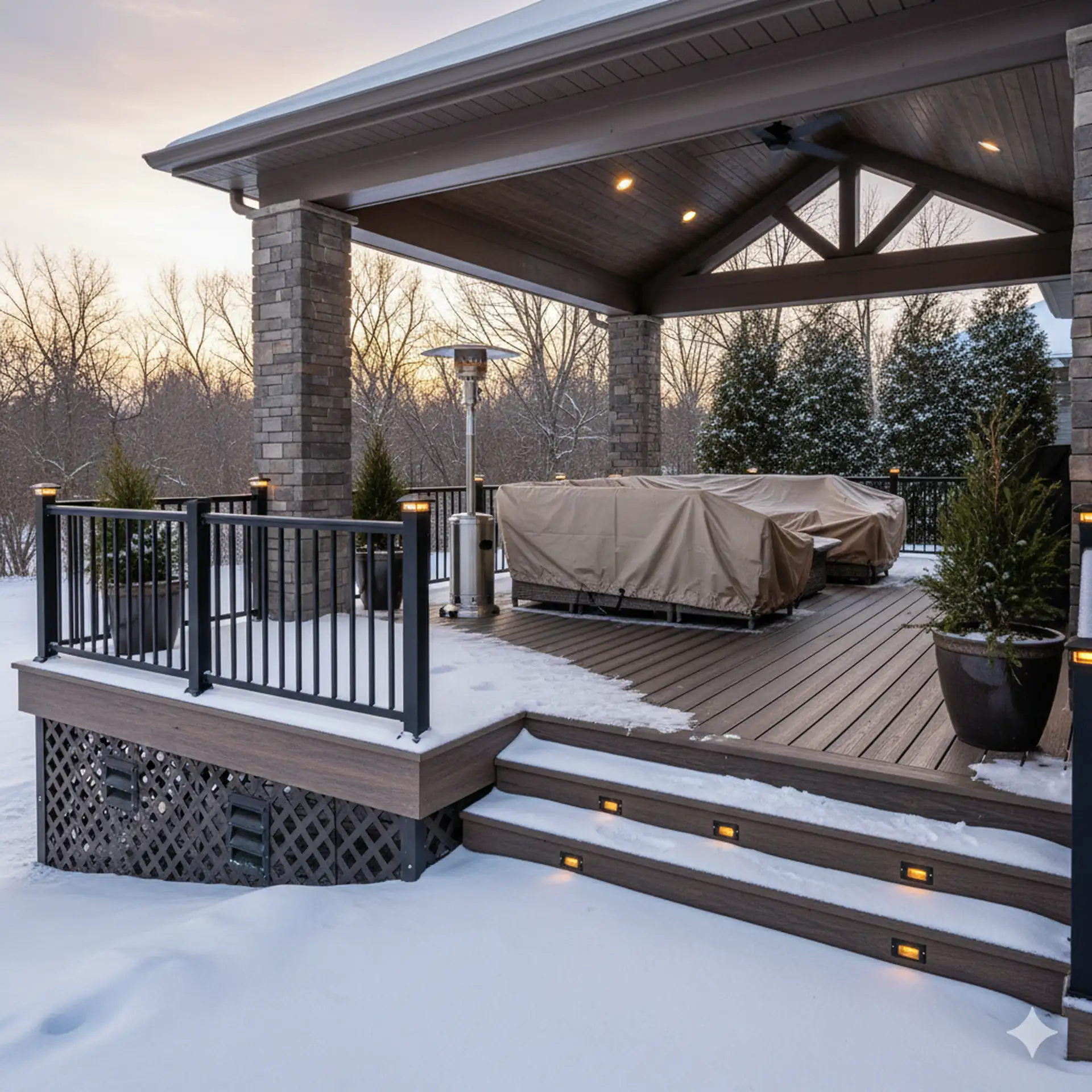 How to Winterize Covered Deck A covered outdoor deck in winter, featuring brown composite steps with embedded lights leading up to the deck. The deck has a black metal railing and stone-clad columns supporting the roof. Covered outdoor furniture and a patio heater are visible on the deck.