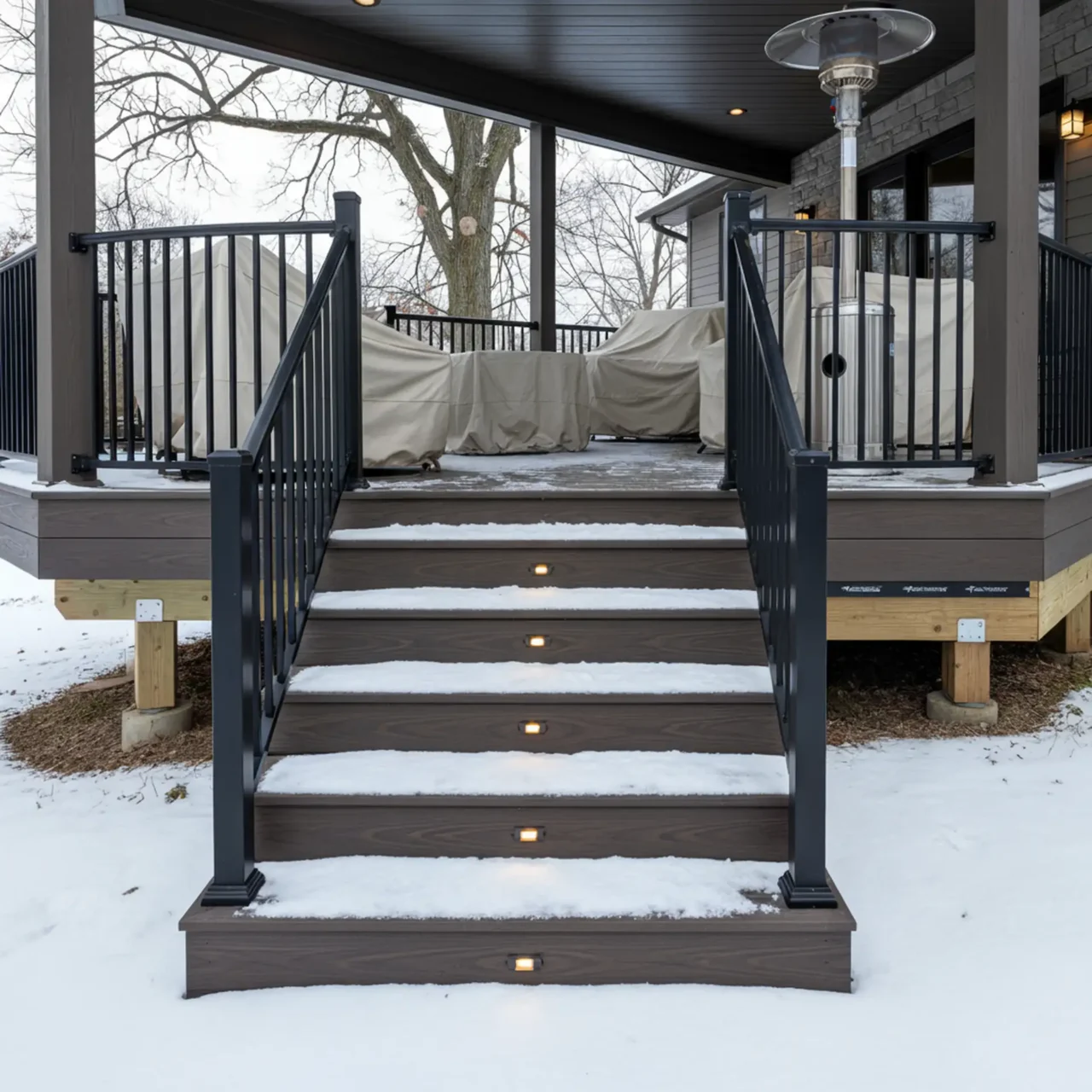 A covered outdoor deck in winter, featuring a set of dark brown composite steps leading up to the deck. The steps have thin layers of snow on them and small rectangular lights embedded in the risers. The deck is enclosed by a black metal railing. On the deck, several pieces of outdoor furniture are covered with light-colored tarps.