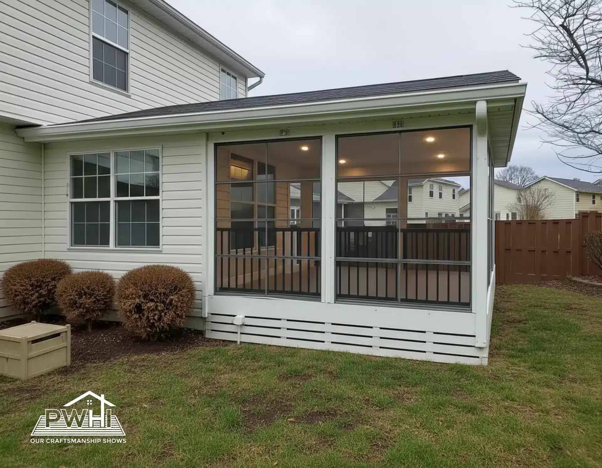 screened porch installation in springfield va A low-angle shot of a newly constructed covered porch with a grey, composite Trex deck floor. The porch features a white railing and ceiling, with sunlight casting long shadows across the deck. The logo for "PWH OUR CRAFTSMANSHIP SHOWS" is visible in the bottom left.