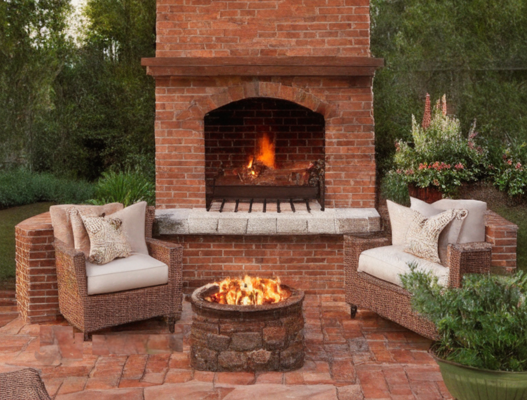 An elegant outdoor gas fireplace made of brick, with a wooden mantel and seating area around it